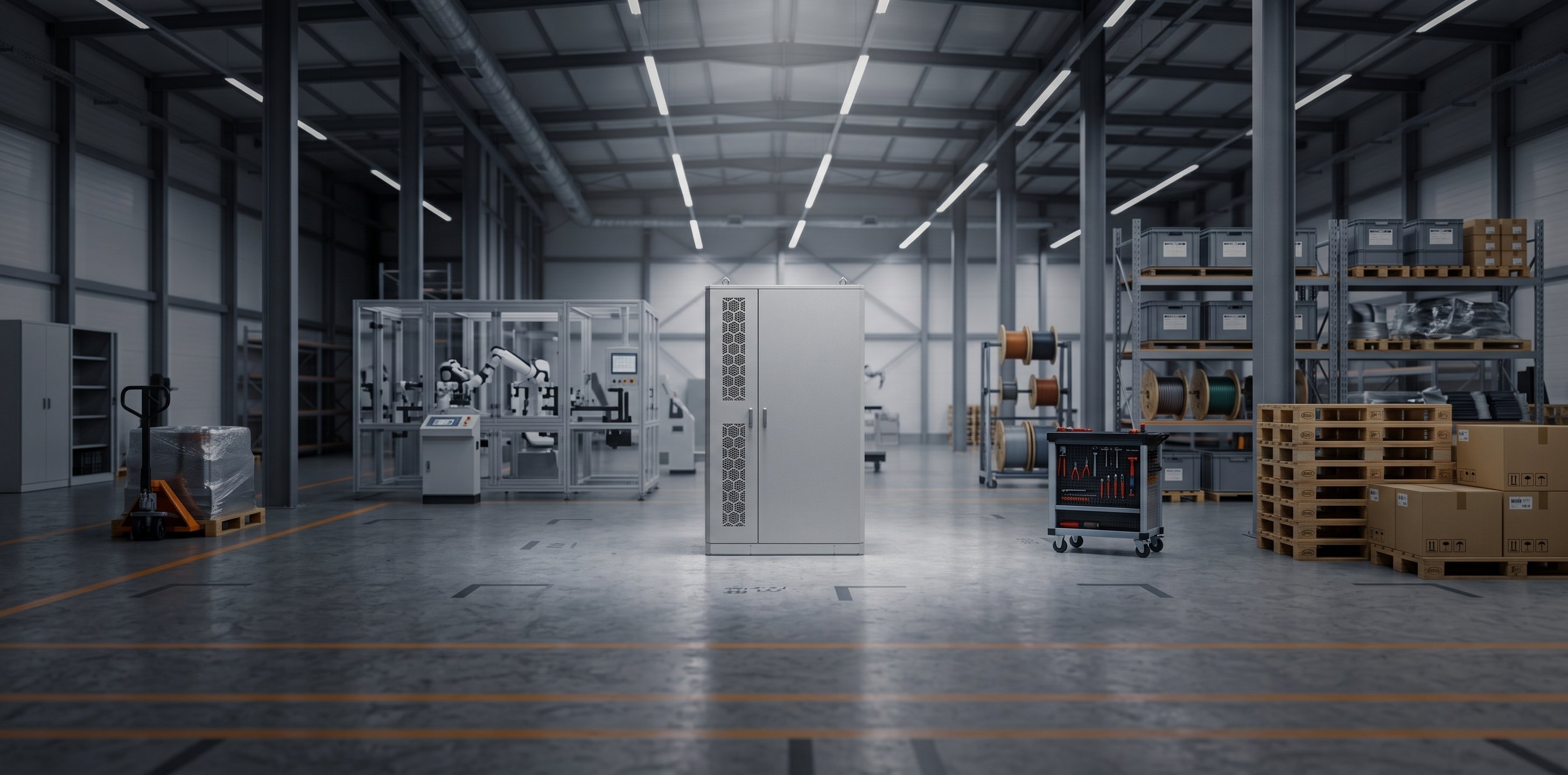 Schlüsselfertiger Gewerbespeicher von Oros Energy in einer Industriehalle