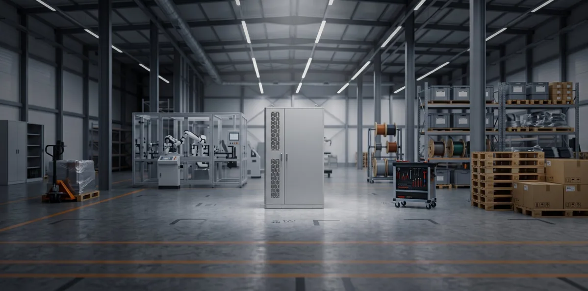 Schlüsselfertiger Gewerbespeicher von Oros Energy in einer Industriehalle