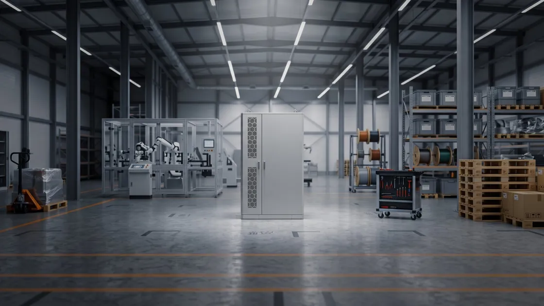 Schlüsselfertiger Gewerbespeicher von Oros Energy in einer Industriehalle